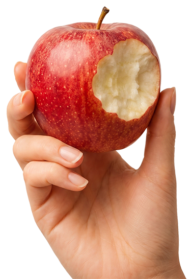 A hand holding a red apple with a bite taken from it