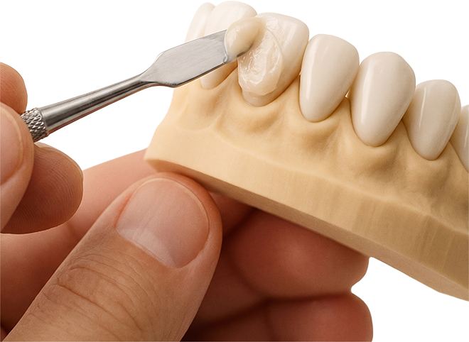 Composite being shaped on a dental model
