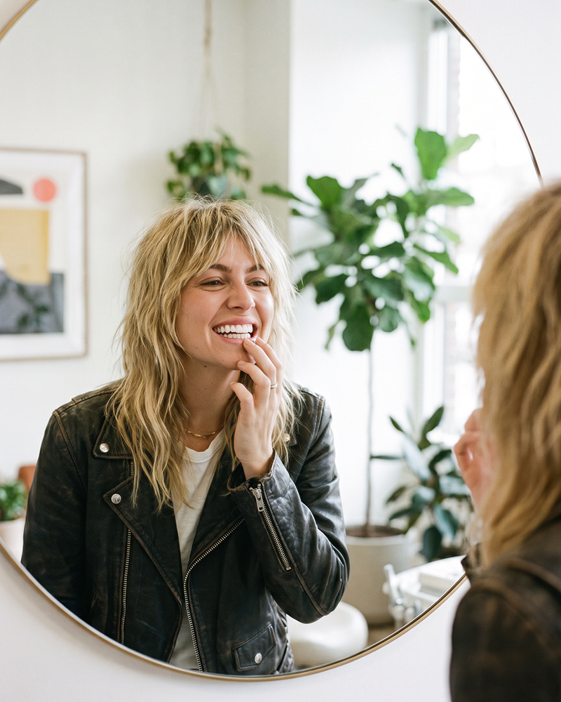 A patient admiring her smile in a round mirror