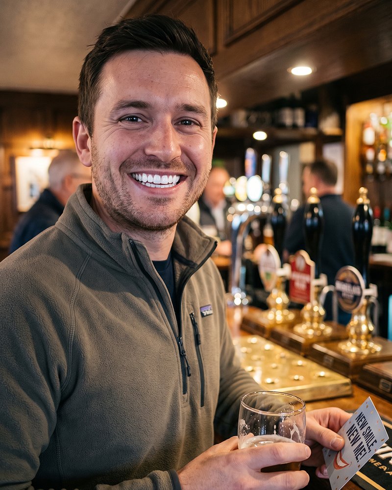 A patient smiling at the bar with a pint in hand