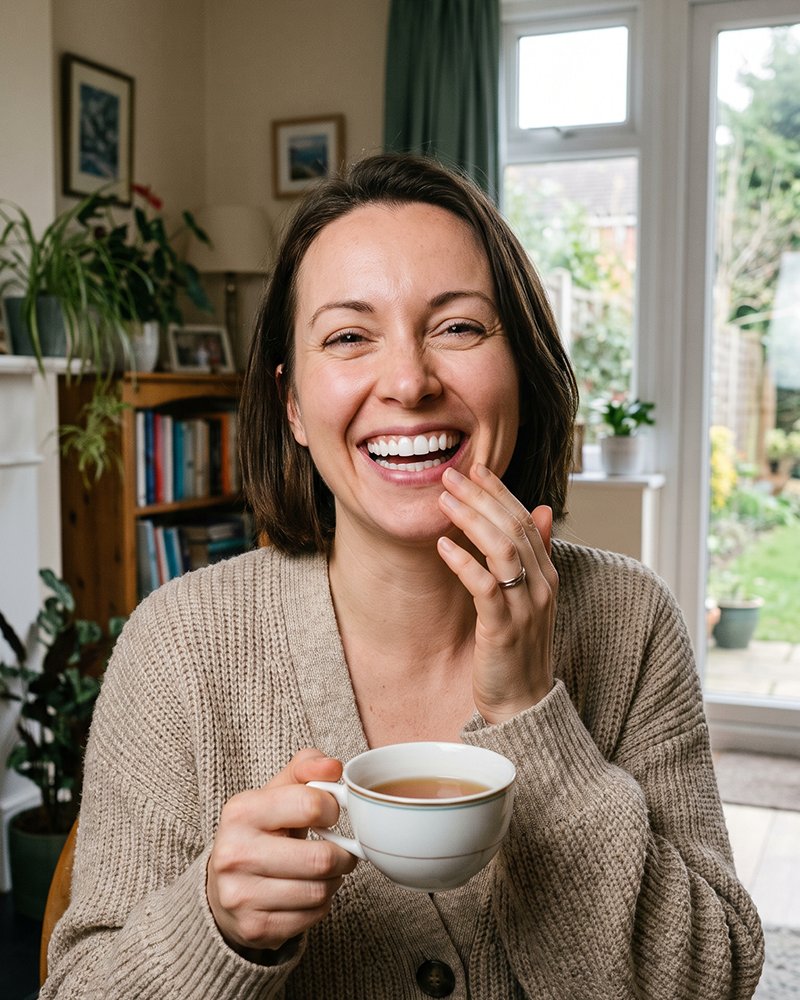 A patient laughing over a cup of tea at home
