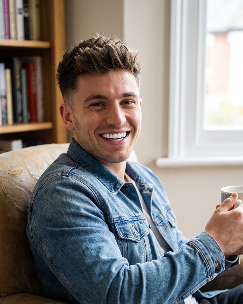 A patient in a denim jacket smiling at home