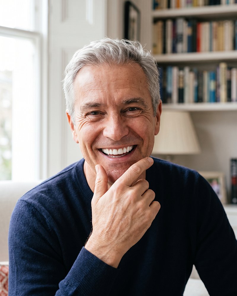 A silver-haired patient smiling in his living room